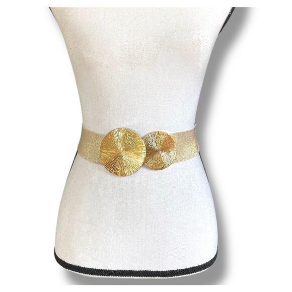 VTG 80s Elastic Stretch Belt Double Medallion Buckle Sz S/M Gold Metallic Y2k - Picture 1 of 9